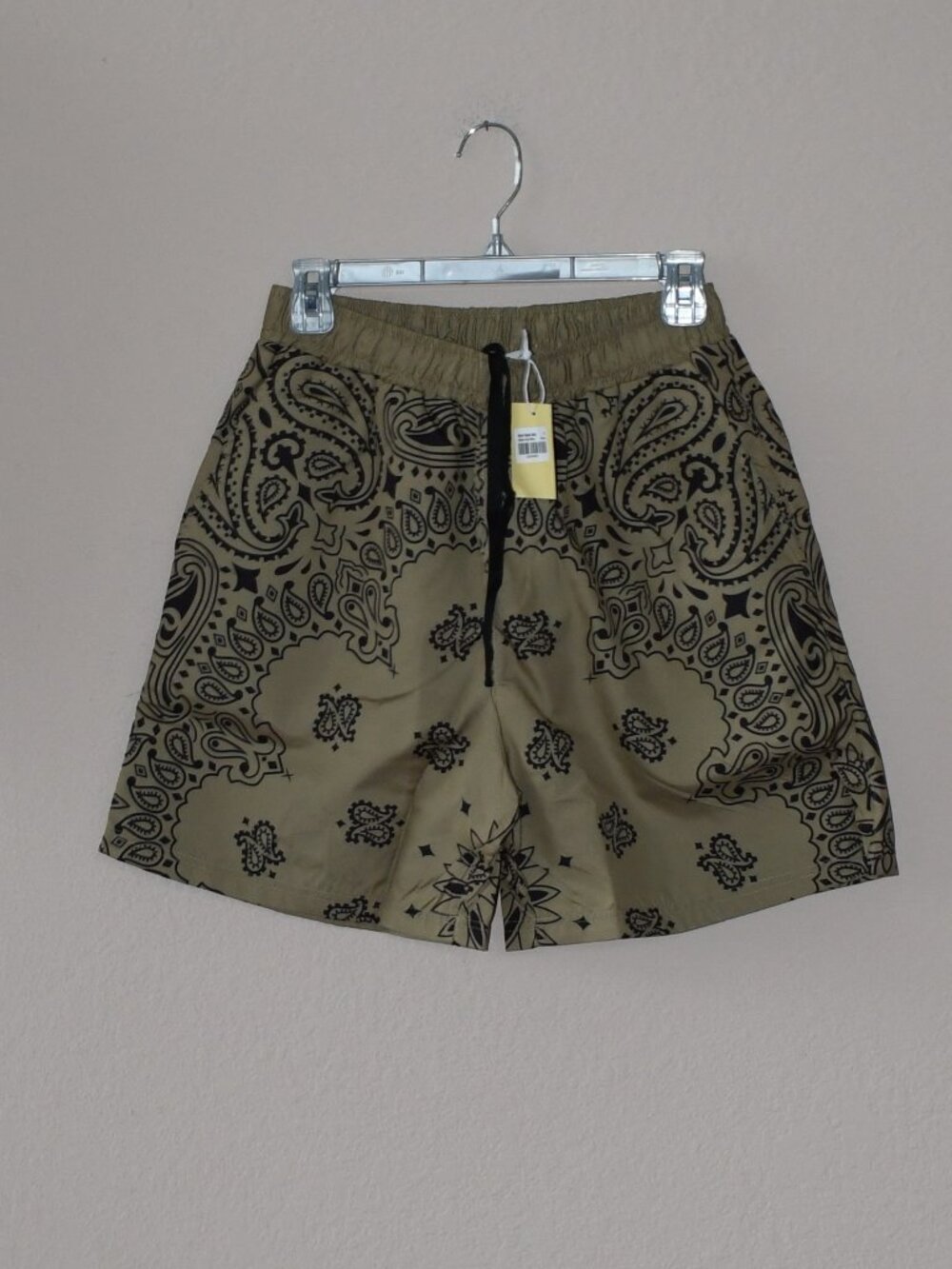 mnml Men's Nylon Brown Paisley Print Pull on Elastic Waist Lined Shorts Sz S  XS